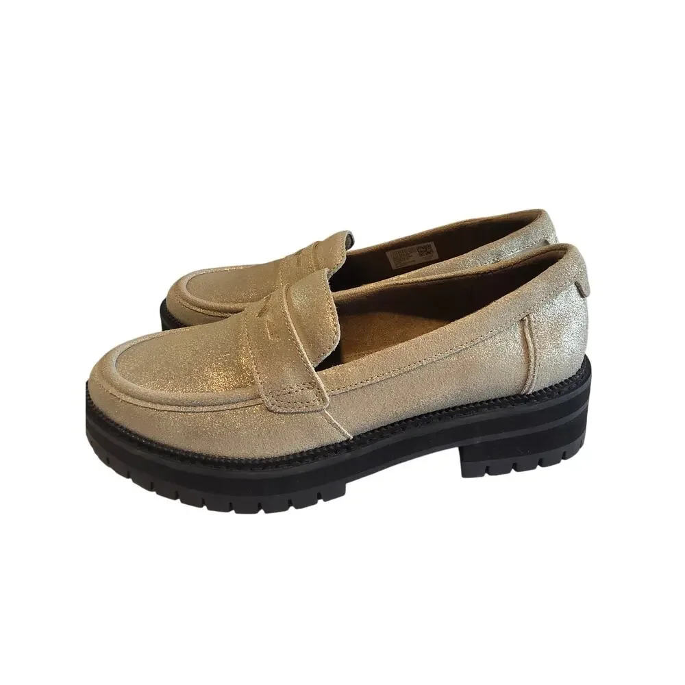 TOMS Women Cara Metallic Sparkly Leather Lug Sole Loafers Size 7.5